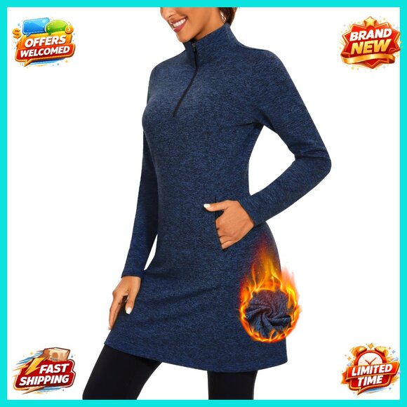 Women's Fleece Thermal Sweatshirt Dress Long Quarter Zip Pullover with Pocket